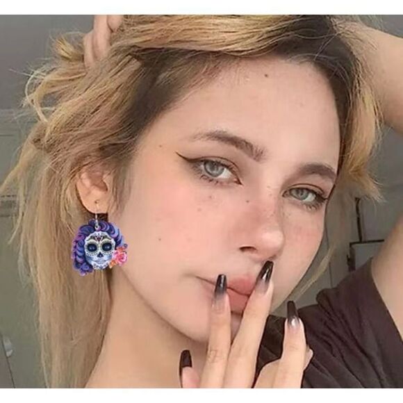 NWT Sugar Skull Day Of The Dead Purple White Flower Dangle Hook Earrings - Picture 4 of 6